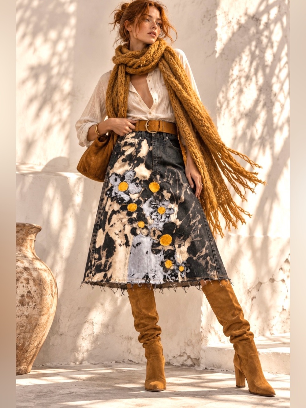 Levi’s 505 W31 Reworked Black Denim Midi Skirt OOAK Floral Upcycled Wearable Art